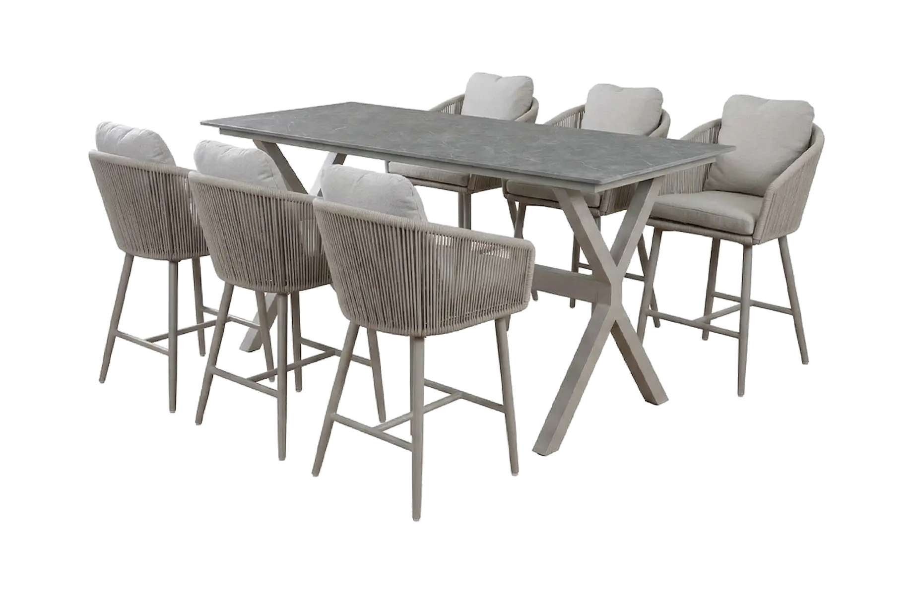 7-teiliges Garten-Barset | 6 Alezio Barstühle (Camel) | Bartisch Barletta 200x75 cm (Desert Pearl/Camel)