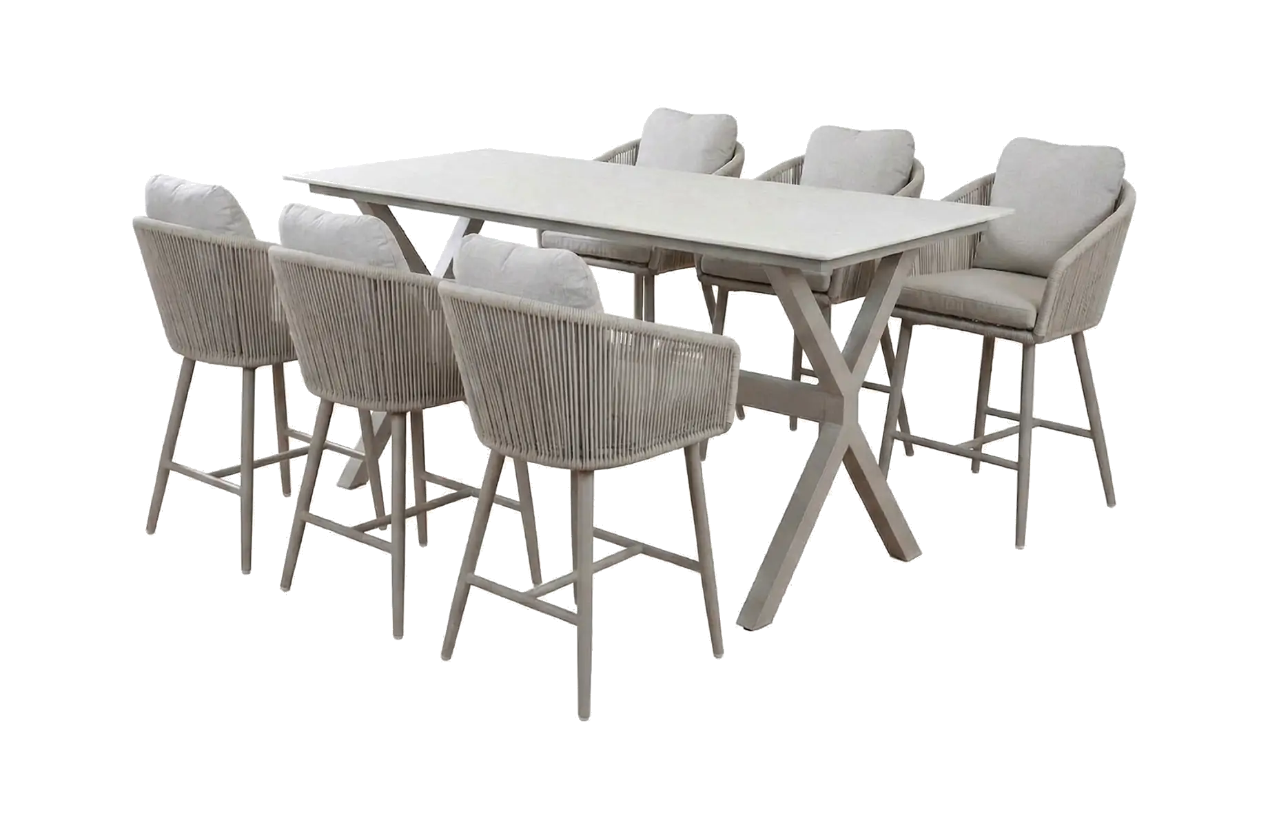 7-teiliges Bar-Set | 6 Barhocker Alezio | Bartisch Barletta 200 x 75 cm | Beige & Camel Sandstone