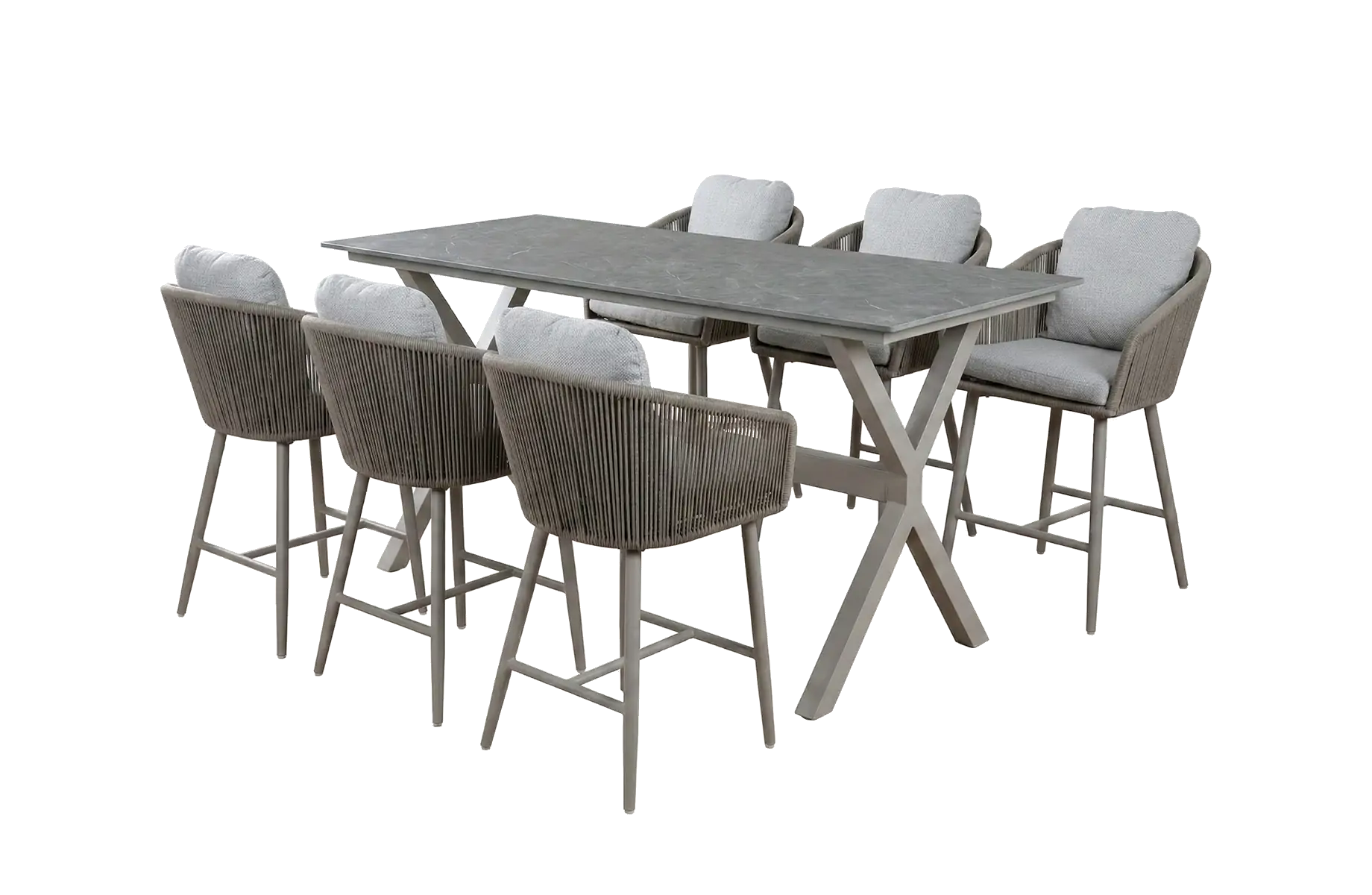 7-teiliges Bar-Set | 6 Alezio Barstühle (Camel) | Bartisch Barletta 200x75 cm (Desert Pearl/Camel)