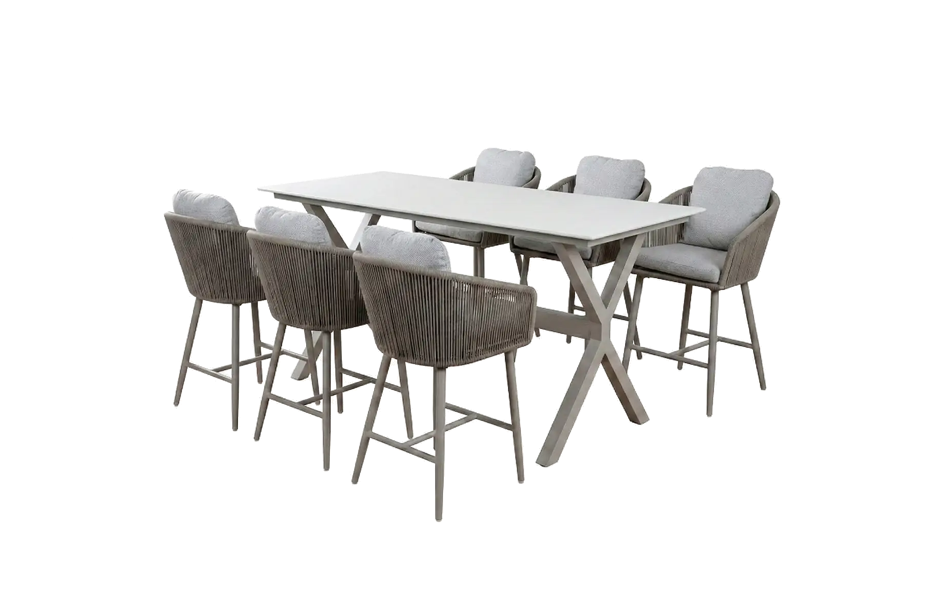 7-teiliges Bar-Set | 6 Alezio Barstühle (Elfenbeinfarbe/Camel) | Bartisch Barletta 200x75 cm (Sandstone/Camel)