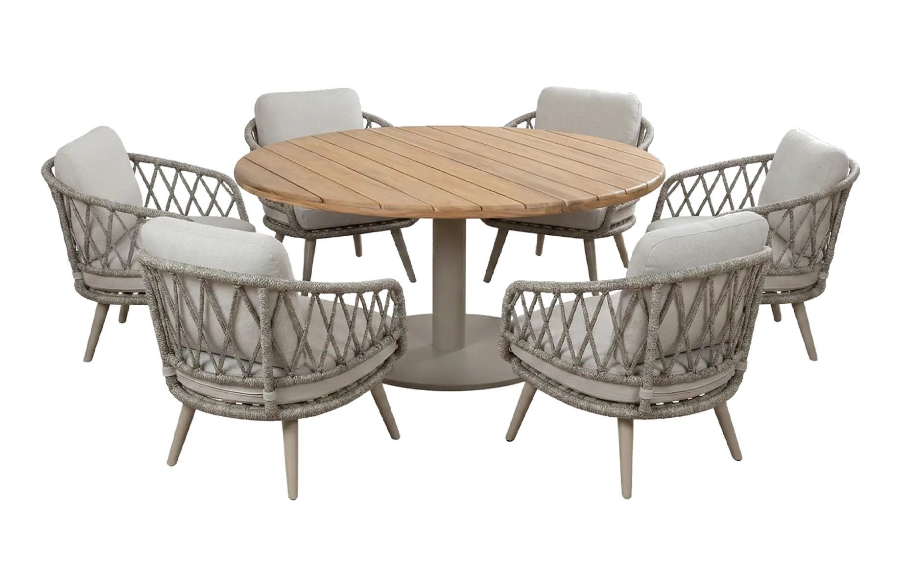 7-teiliges rundes Gartenmöbel-Set | Aurora Ø140 cm | Sand | Aluminium, Teak & Rope