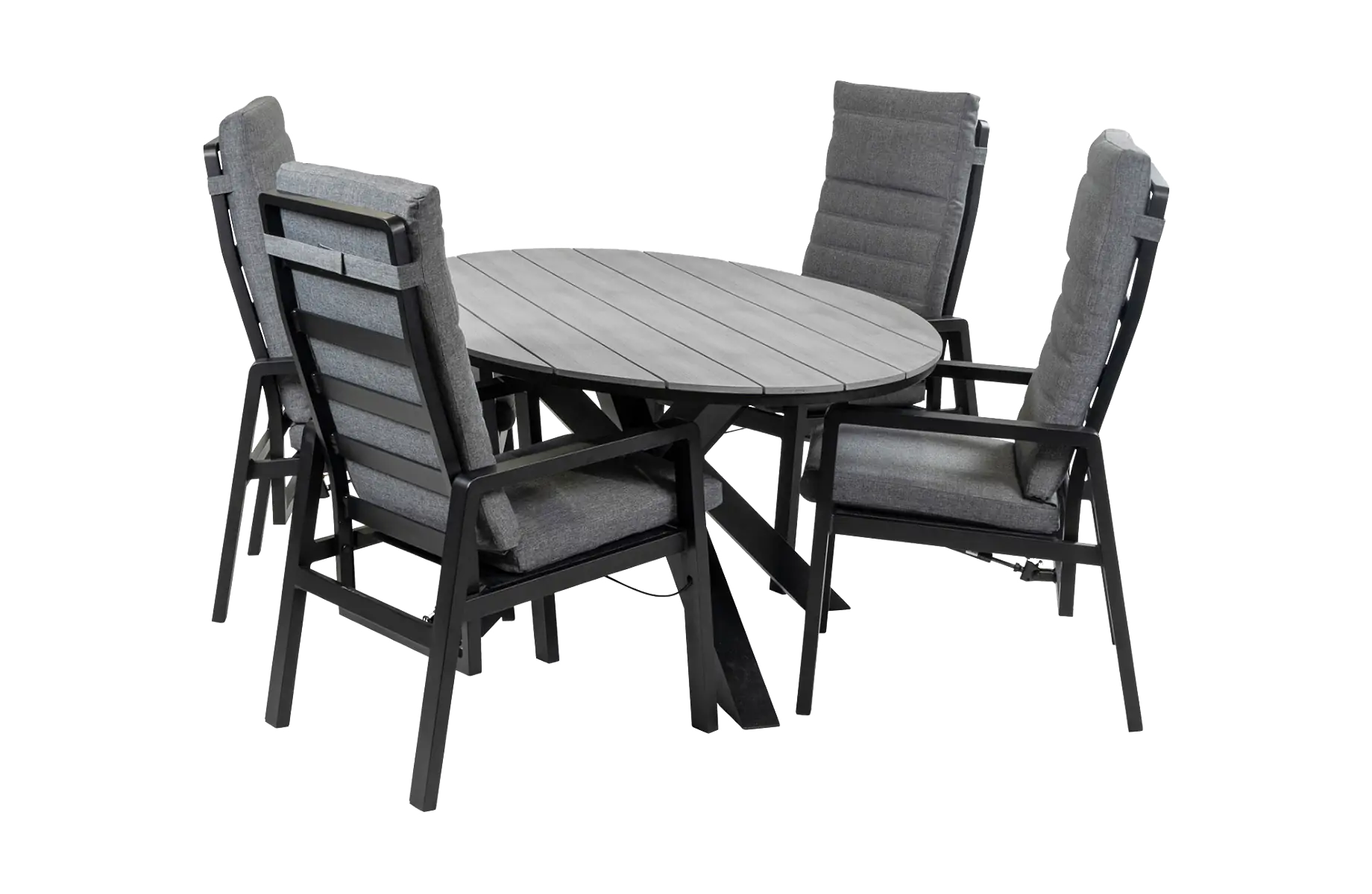5-teiliges ovales Garten-Set | 4 Berlin Gartenstühle (Schwarz) | Gartentisch Limasol 180 cm (Grau)