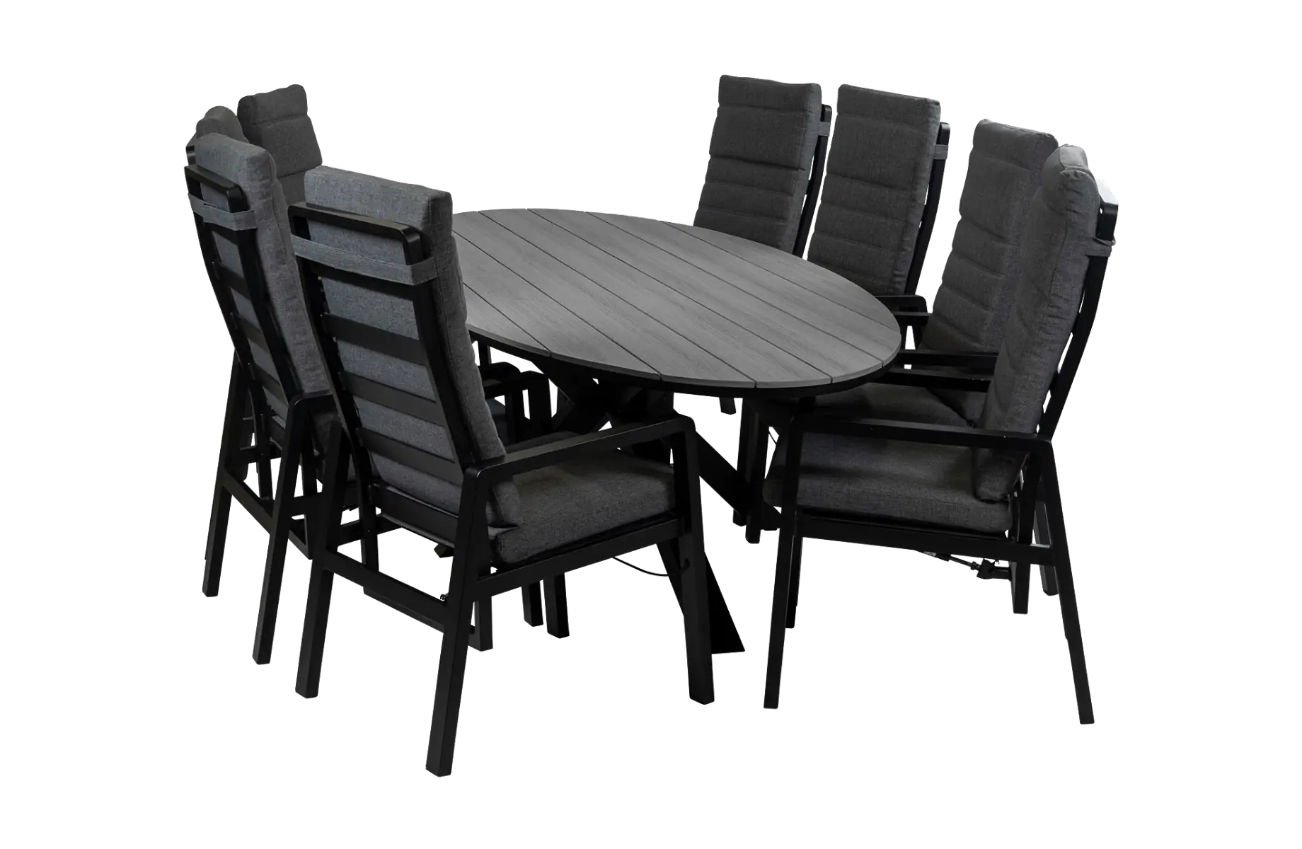 9-teiliges ovales Garten-Set | 8 Berlin Gartenstühle (Schwarz) | Gartentisch Limasol 280 cm (Grau)