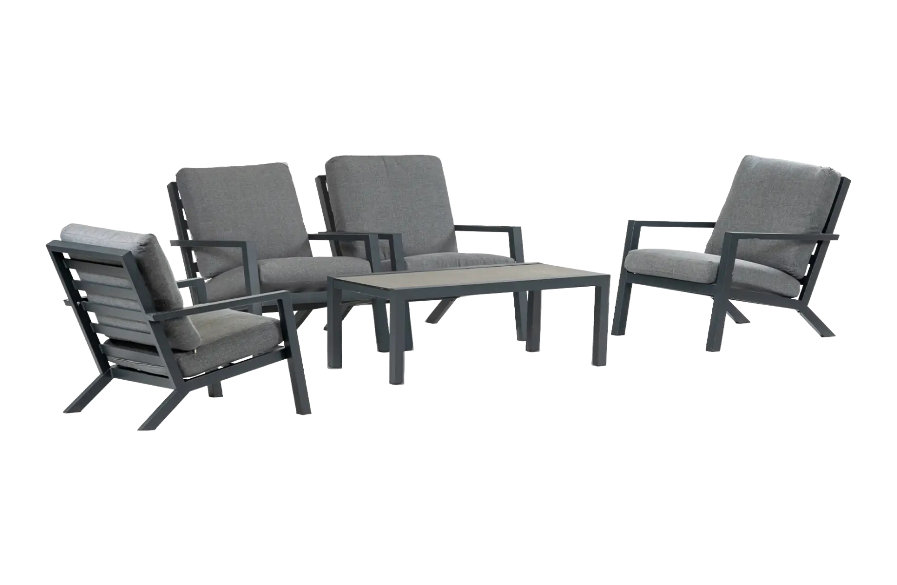 Sessel Lounge-Set Bezano | 4 Lounge-Sessel mit Beistelltisch (120 x 60 cm) | Aluminium & Grau