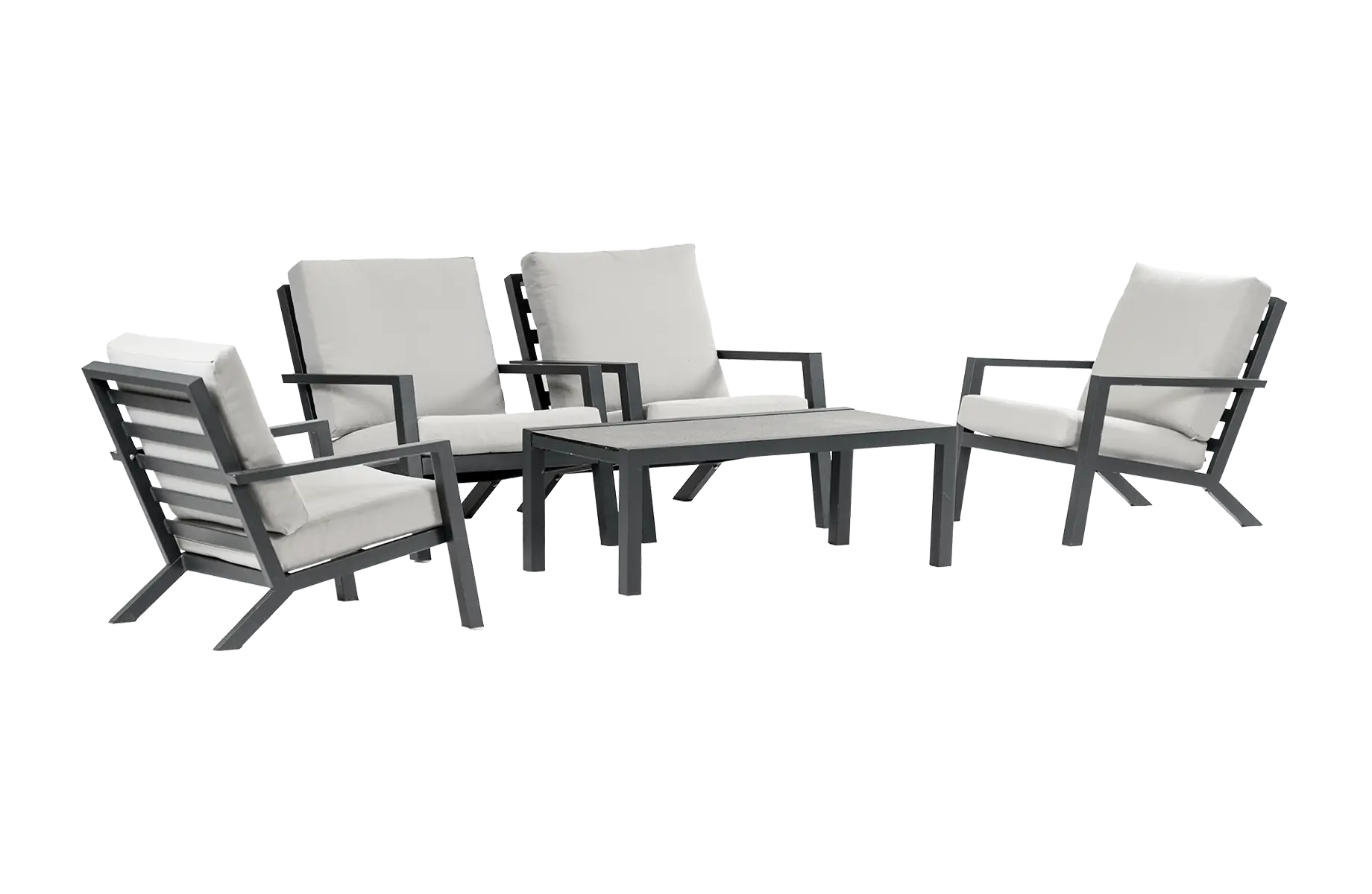 Sessel Lounge-Set Bezano | 4 Lounge-Sessel mit Beistelltisch (120 x 60 cm) | Aluminium & Creme
