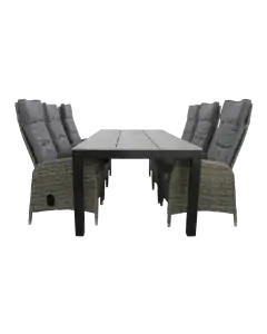 7 delige tuinset-6 kos verstelbare tuinstoelen-Ash Grey-Cyprus tuintafel-grey-polywood tafelblad-wicker-aluminium frame-vooraanzicht