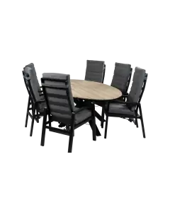 7-teiliges ovales Garten-Set | 6 Berlin Gartenstühle (Schwarz) | Gartentisch Limasol 220 cm (Wood)