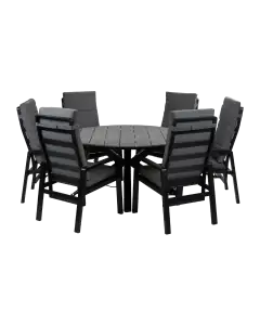 Rundes 7-teiliges Garten-Set | 6 Berlin Gartenstühle (Schwarz) | Limasol Gartentisch ø 150 cm (Grau)