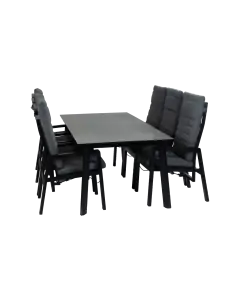 7-teiliges Garten-Set | 6 verstellbare Berlin-Gartenstühle (Schwarz) | Gartentisch Malta 220 x 100 cm (Schwarz)