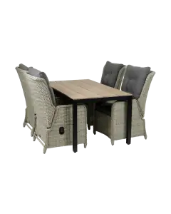 5 delige tuinset-4 Dublin verstelbare tuinstoelen-Mystic Grey-cyprus tuintafel-wood kleur tuintafel-wicker-aluminium frame