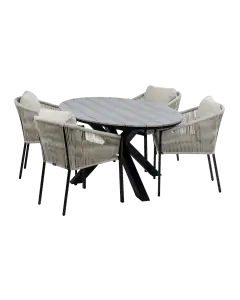 5-teiliges Gartenset | 4 Elvira Gartenstühle (Sand) | 180 cm ovaler Gartentisch Limasol (Grau)