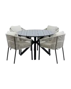 5-teiliges rundes Gartenset | 4 Elvira Gartenstühle (Schwarz) | Gartentisch Limasol ø120cm (Grau)