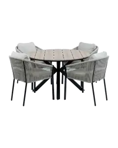 5-teiliges Garten-Set rund | 4 Elvira Gartenstühle | Limasol Gartentisch ø 120 cm | Schwarz & Wood