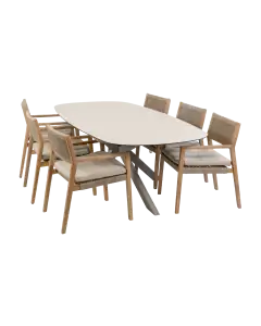 7-teiliges Garten-Set | 6 Felline Gartenstühle (Akazienholz) | Gartentisch Malaga 240 x 115 cm (Camel)