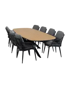 9-teiliges Garten-Set | 8 Isabel Gartenstühle | Gartentisch Cadiz 280 x 115 cm | Schwarz