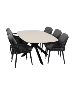 7-teiliges Garten-Set | 6 Isabel Gartenstühle | Malaga Gartentisch 240 x 115 cm | Schwarz