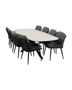 9-teiliges Garten-Set | 8 Isabel Gartenstühle | Gartentisch Malaga 280 x 115 cm | Schwarz