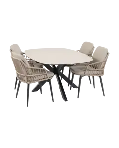 5-teiliges Garten-Set | 4 Isabel Gartenstühle (Sand) | Malaga Gartentisch 180 x 115 cm (Schwarz)