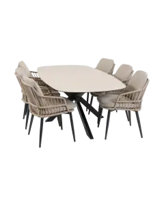 7-teiliges Garten-Set | 6 Isabel Gartenstühle (Sand) | Malaga Gartentisch 240 x 115 cm (Schwarz)