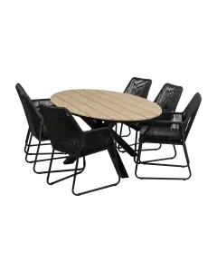 Mona ovale tuinset-7 delige tuinset-Cyprus ovale tuintafel-wood kleur tafelblad-Rope tuinstoel-Tuinstoel kleur black