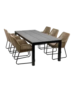 Mona 7 delige tuinset-Cyprus tuintafel-grey kleur tuintafel-Rope tuinstoel-Sand kleur tuinstoel-aluminium frame