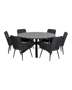 Pisa tuinset-7 delige tuinset-Pisa tuinstoel-black-polywood tuintafel-wood kleur-wicker vlechtwerk-aluminium frame