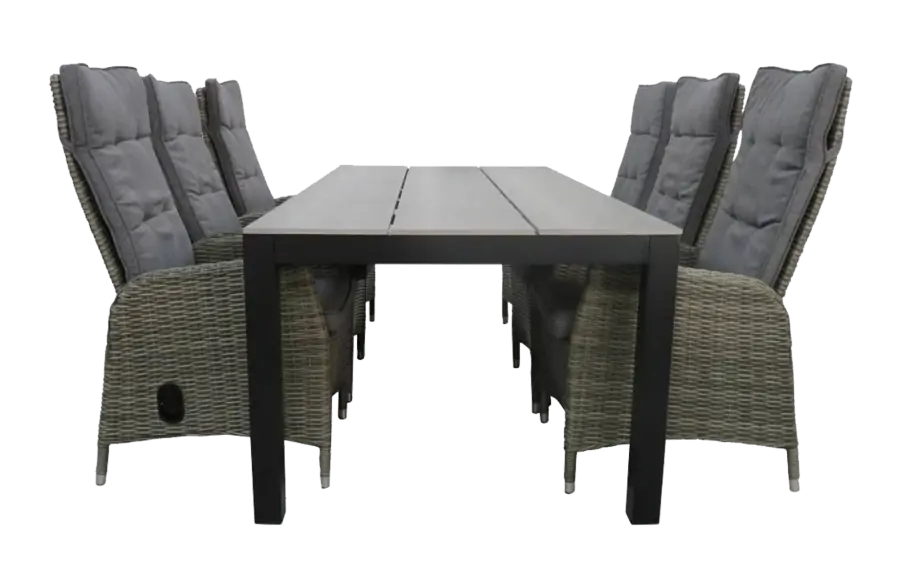 7 delige tuinset-6 kos verstelbare tuinstoelen-Ash Grey-Cyprus tuintafel-grey-polywood tafelblad-wicker-aluminium frame-vooraanzicht