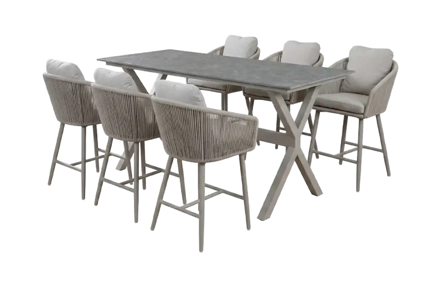 7-teiliges Garten-Barset | 6 Alezio Barstühle (Camel) | Bartisch Barletta 200x75 cm (Desert Pearl/Camel)