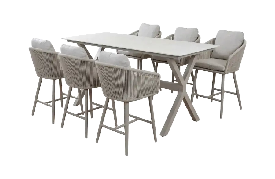 7-teiliges Bar-Set | 6 Barhocker Alezio | Bartisch Barletta 200 x 75 cm | Beige & Camel Sandstone