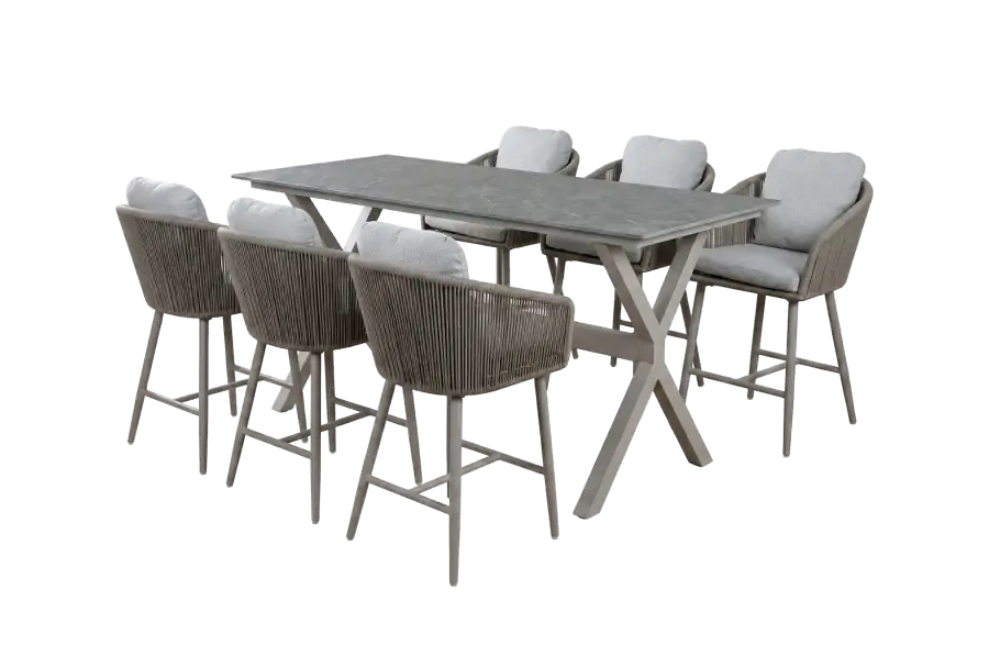 7-teiliges Bar-Set | 6 Alezio Barstühle (Camel) | Bartisch Barletta 200x75 cm (Desert Pearl/Camel)