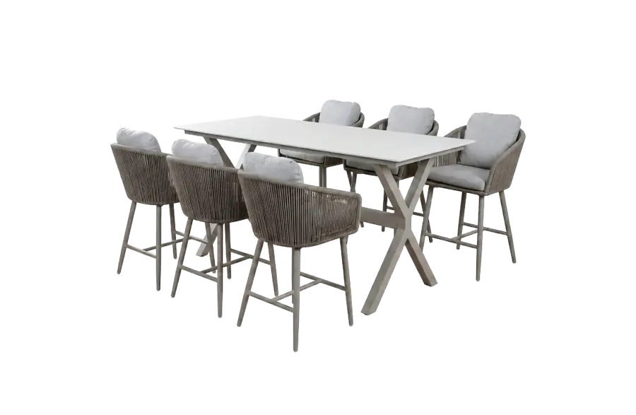 7-teiliges Bar-Set | 6 Alezio Barstühle (Elfenbeinfarbe/Camel) | Bartisch Barletta 200x75 cm (Sandstone/Camel)