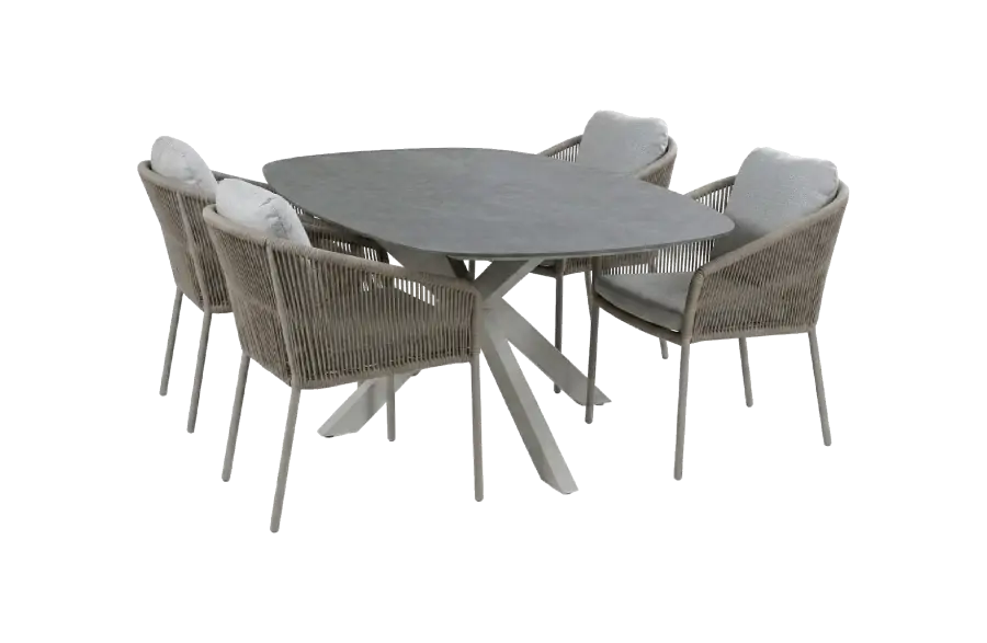 5-teiliges Gartenmöbel-Set | 4 Alezio Gartenstühle (Camel) | Gartentisch Barletta 180x115 cm (Desert Pearl/Camel)