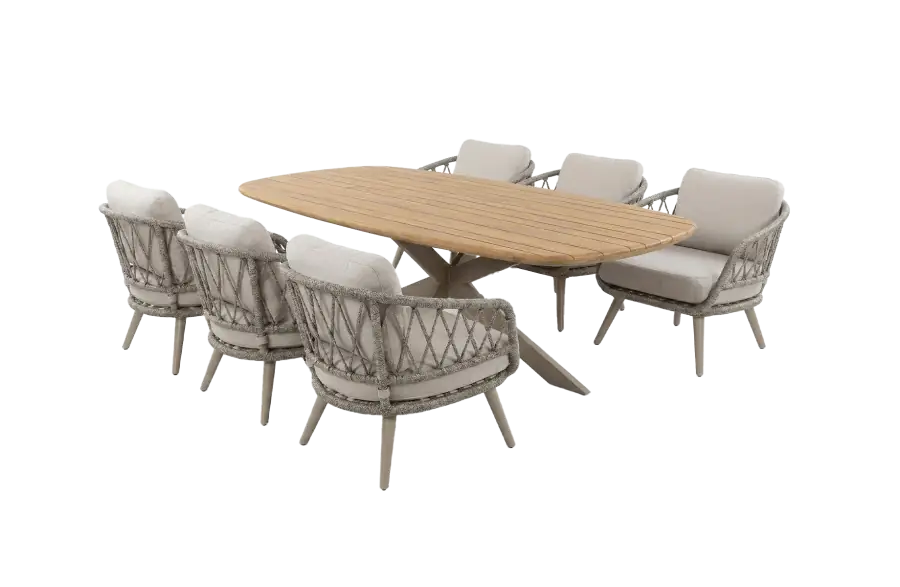 7-teiliges Gartenmöbel-Set | 6 Aurora Gartenstühle (Sand/Sable) | Gartentisch Aurora 220x110 cm (Teak/Sable)