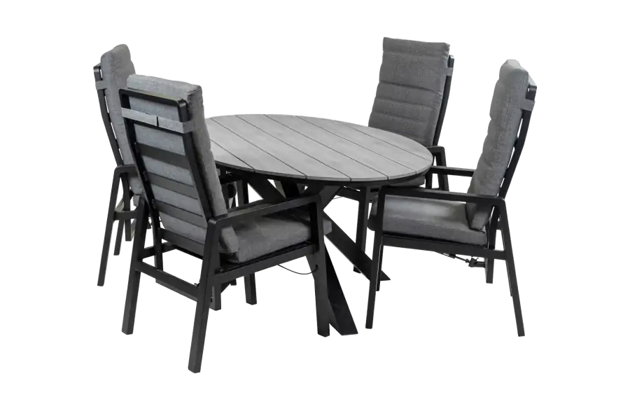 5-teiliges ovales Garten-Set | 4 Berlin Gartenstühle (Schwarz) | Gartentisch Limasol 180 cm (Grau)