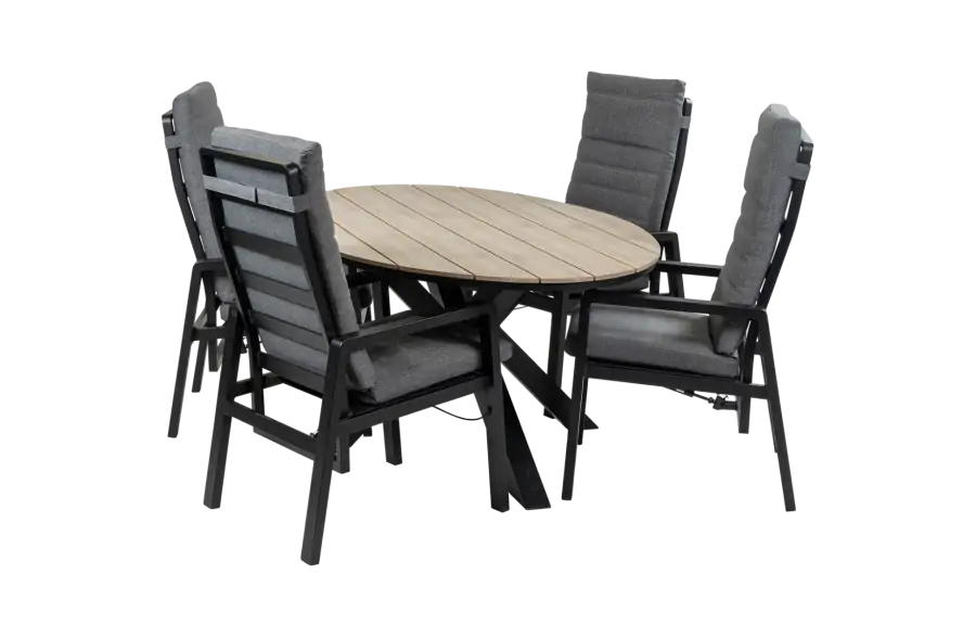 5-teiliges ovales Garten-Set | 4 Berlin Gartenstühle (Schwarz) | Gartentisch Limasol 180 cm (Wood)