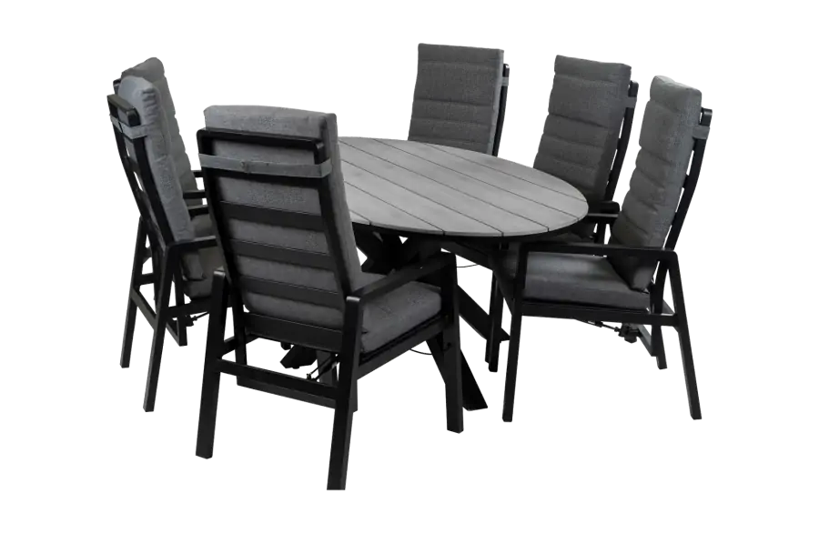 7-teiliges ovales Garten-Set | 6 Berlin Gartenstühle (Schwarz) | Gartentisch Limasol 220 cm (Grau)