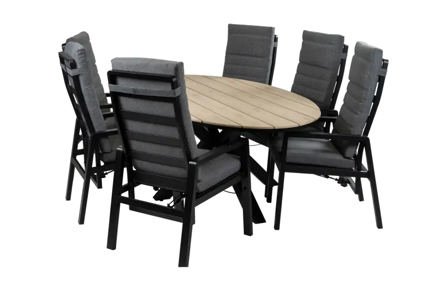 7-teiliges ovales Garten-Set | 6 Berlin Gartenstühle (Schwarz) | Gartentisch Limasol 220 cm (Wood)