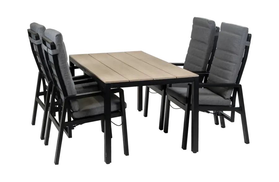 5-teiliges Garten-Set | 4 Berlin Gartenstühle (Schwarz) | Gartentisch Limasol 180x 100 cm (Wood)
