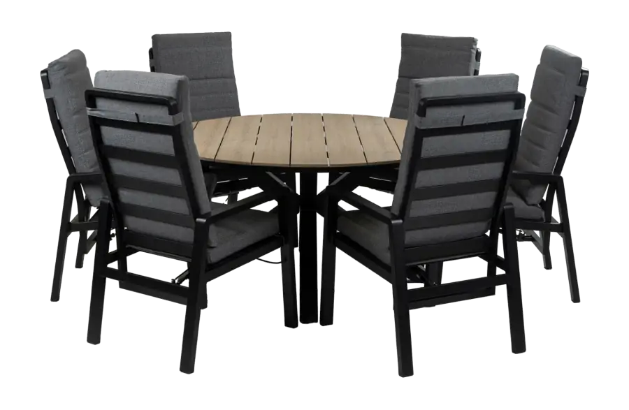 Rundes 7-teiliges Garten-Set | 6 Berlin Gartenstühle (Schwarz) | Limasol Gartentisch ø 150 cm (Wood)