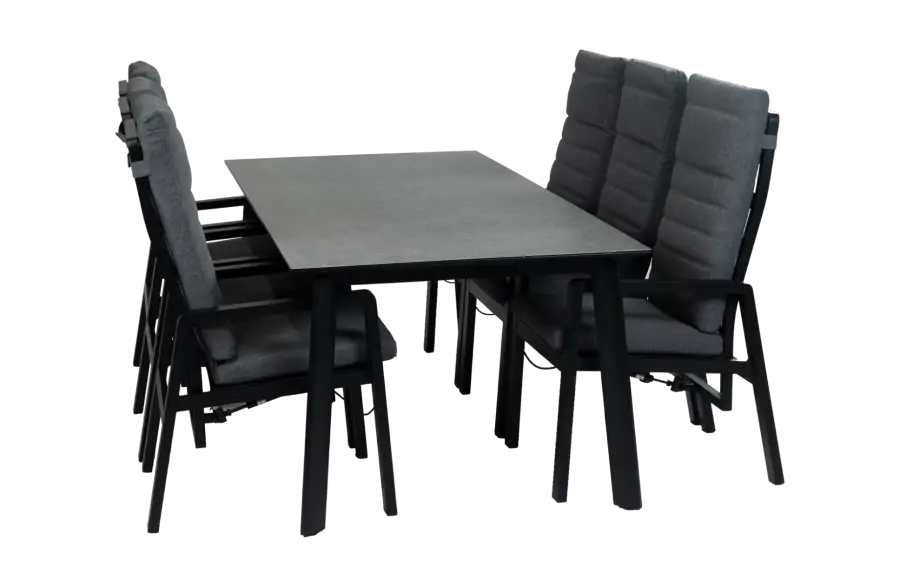 7-teiliges Garten-Set | 6 verstellbare Berlin-Gartenstühle (Schwarz) | Gartentisch Malta 220 x 100 cm (Schwarz)