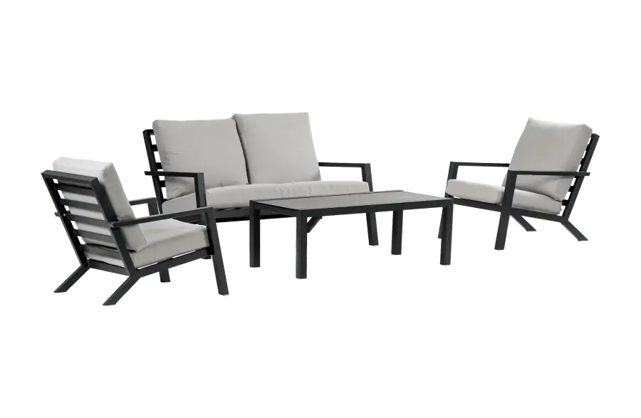Sessel-Sofa Lounge-Set Bezano | 2-Sitzer | Mattschwarz / Creme | Aluminium