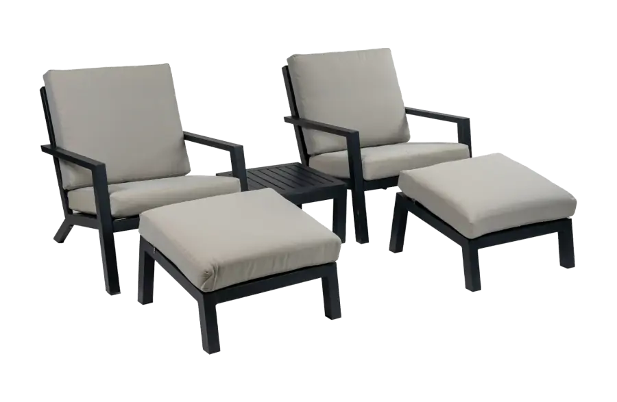 Sessel Lounge-Set | 2 Bezano Lounge-Sessel mit Hockern & Beistelltisch | Aluminium | Creme