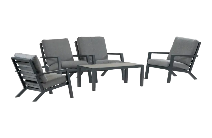Sessel Lounge-Set Bezano | 4 Lounge-Sessel mit Beistelltisch (120 x 60 cm) | Aluminium & Grau