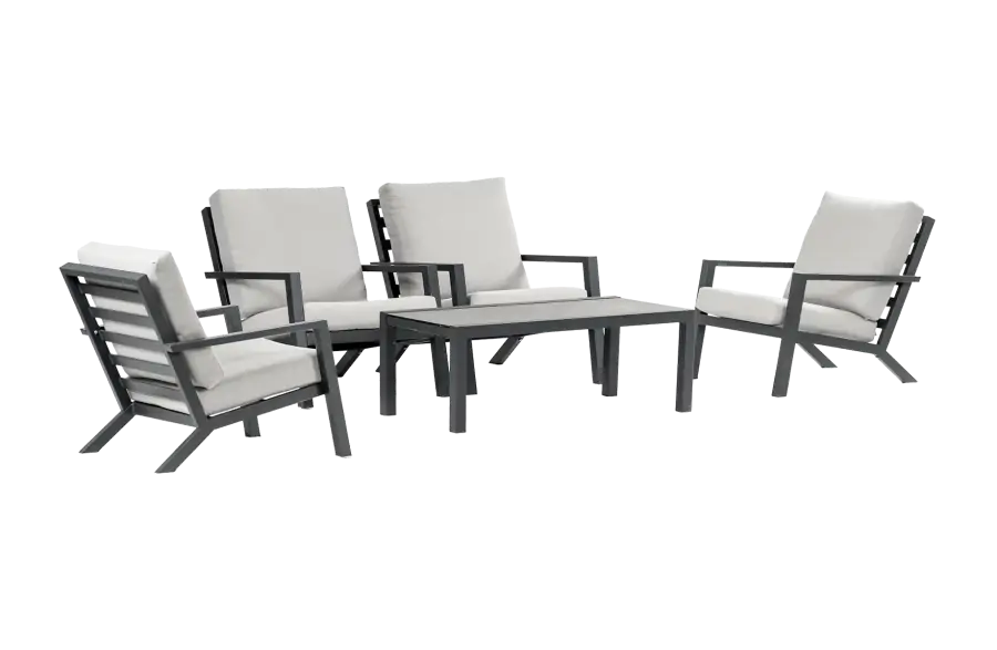 Sessel Lounge-Set Bezano | 4 Lounge-Sessel mit Beistelltisch (120 x 60 cm) | Aluminium & Creme