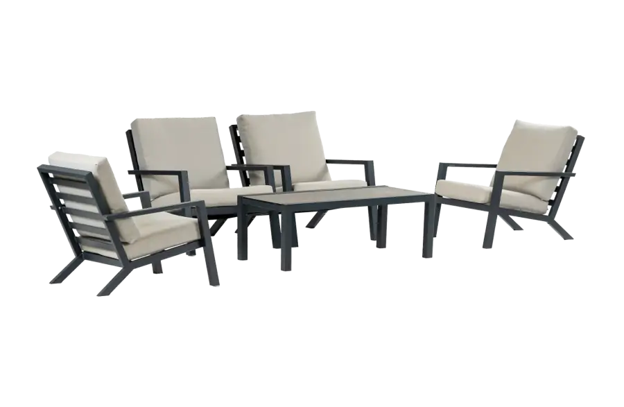 Sessel Lounge-Set Bezano | 4 Lounge-Sessel mit Beistelltisch (120 x 60 cm) | Aluminium & Creme