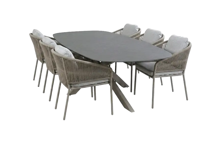 7-teiliges Gartenmöbel-Set | 6 Brindsi Gartenstühle (Camel) | Gartentisch Barletta 240x115 cm (Desert Pearl/Camel)