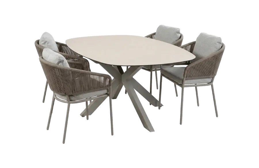 5-teiliges Gartenmöbel-Set | 4 Brindsi Gartenstühle (Elfenbeinfarbe, Camel & Mocca) | Gartentisch Malaga 180x115 cm (Camel)