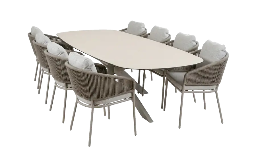 9-teiliges Gartenmöbel-Set | 8 Brindsi Gartenstühle (Elfenbeinfarbe & Camel) | Gartentisch Malaga 280x115 cm (Camel)