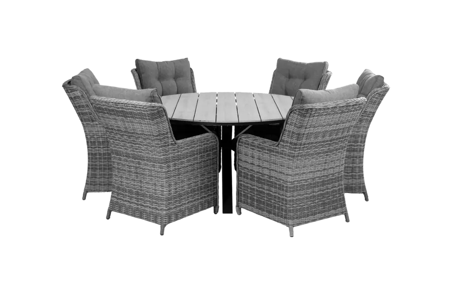 cyprus-ronde-tuintafel-grey-mystic-grey-tuinstoelen-vast-dublin-wicker vlechtwerk-aluminium frame
