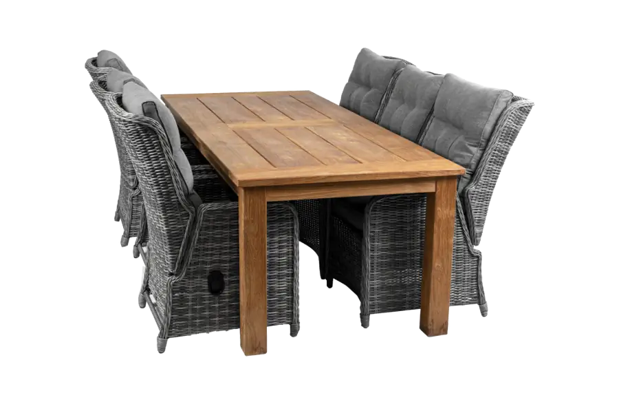 Dublin lounge dining set-6 Dublin verstelbare tuinstoelen-Ash Grey-Teakhout tuintafel-aluminium frame-wicker
